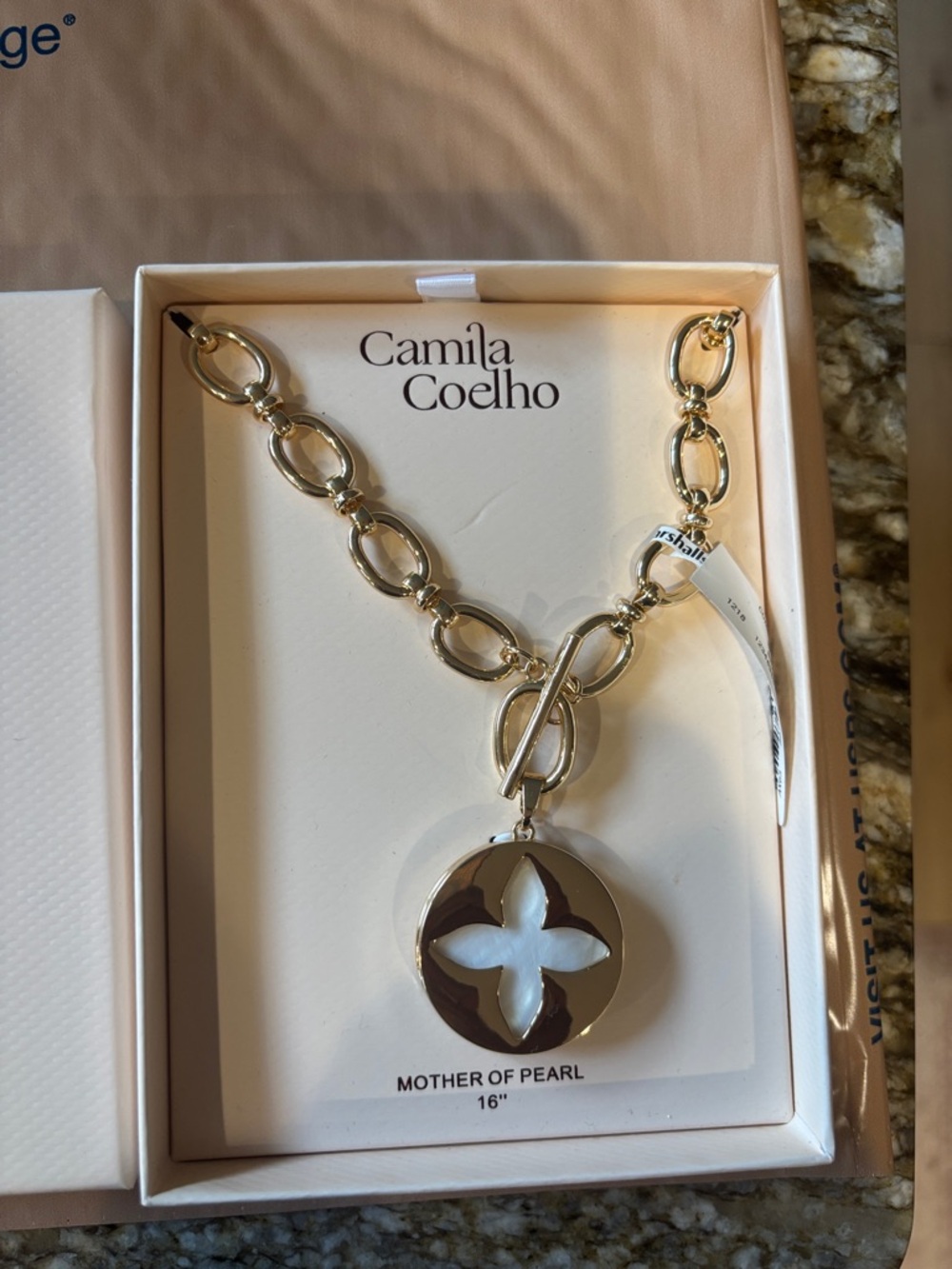Camila Coelho gold toned Link Necklace with Mother of Pearl Medallion